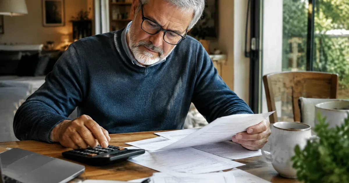 Homme age assis devant documents et calculatrice