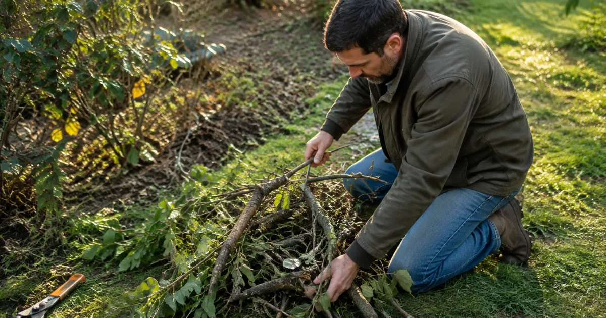 Un homme agenouille empile des rameaux tailles au jardin