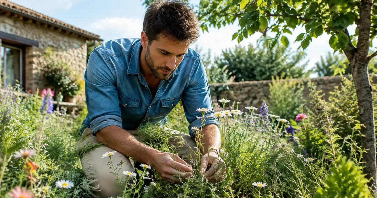 Homme agenouille parmi des fleurs sauvages dans un jardin