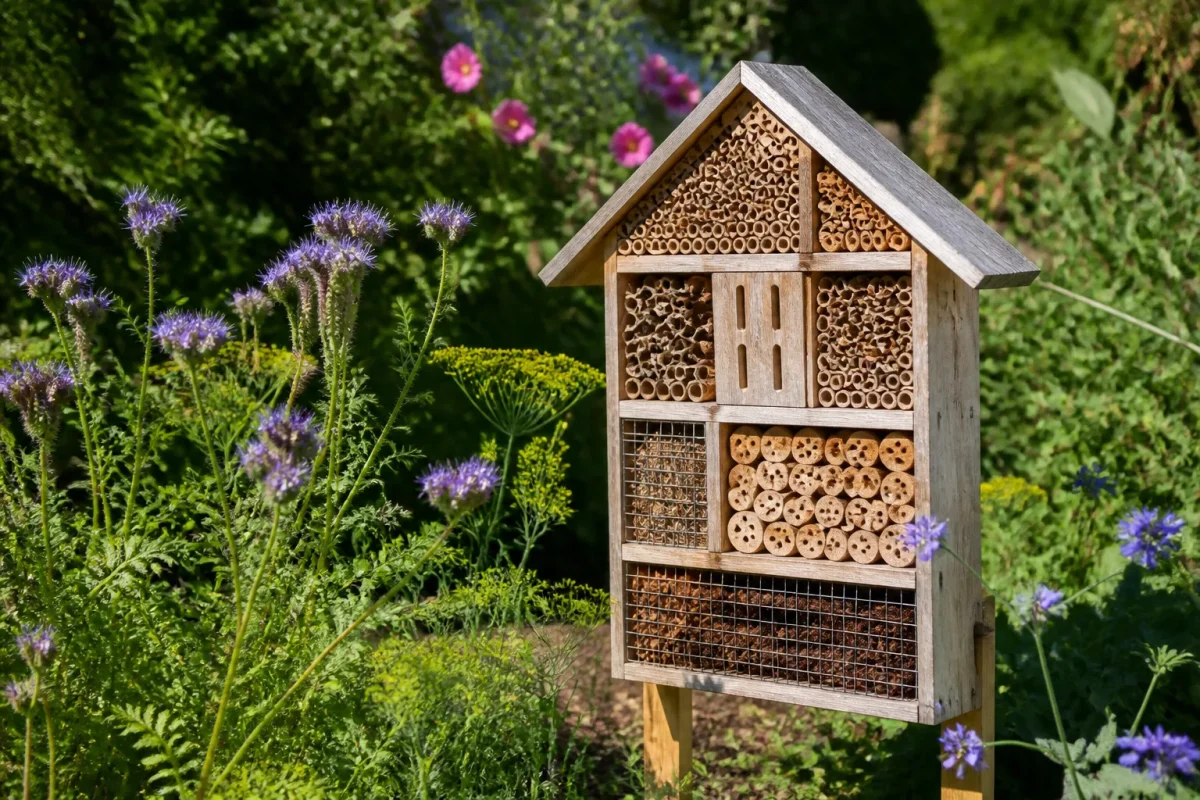 Hotel a insectes en bois dans jardin fleuri