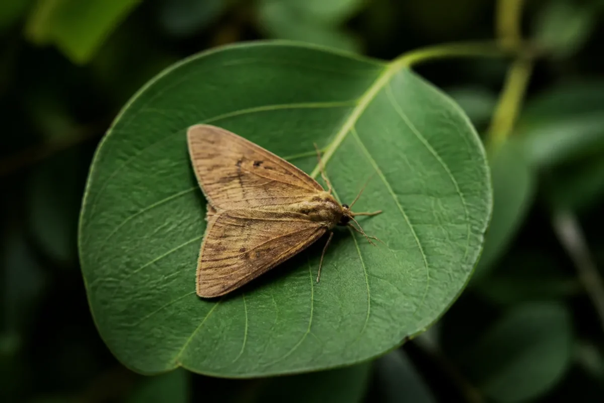 Insecte aux ailes brunes repose sur une feuille verte