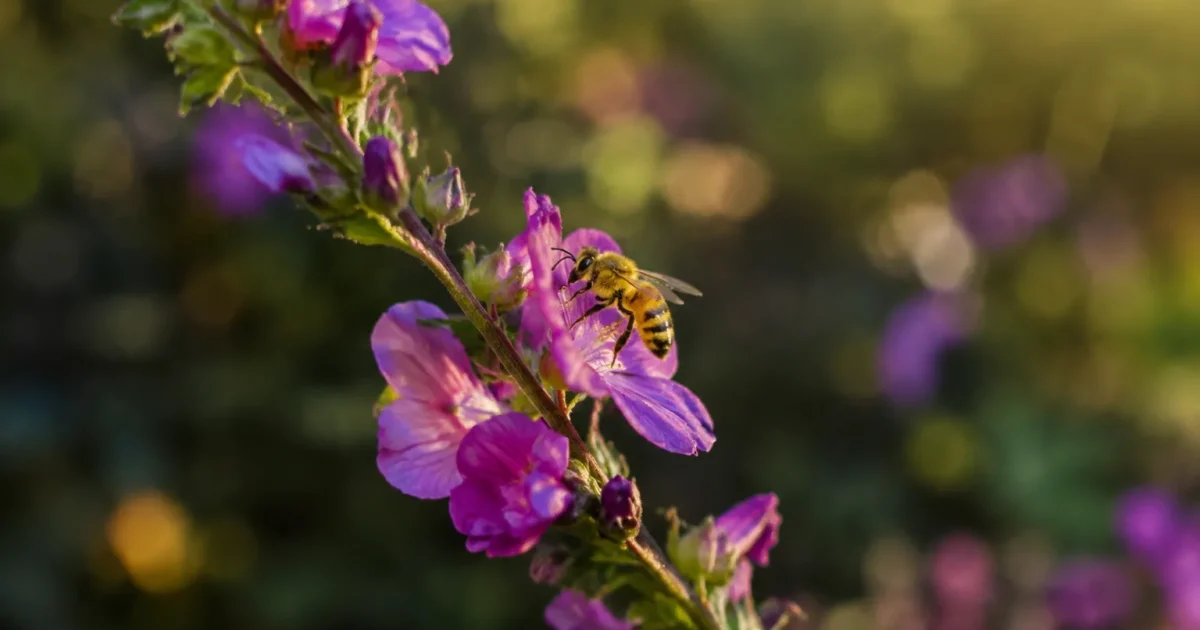 Insecte jaune butinant petales mauves sur tige inclinee
