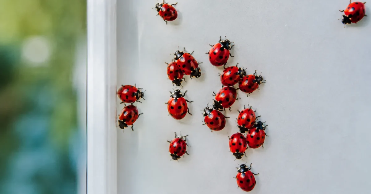 Insectes rouges a points noirs groupes sur vitre blanche