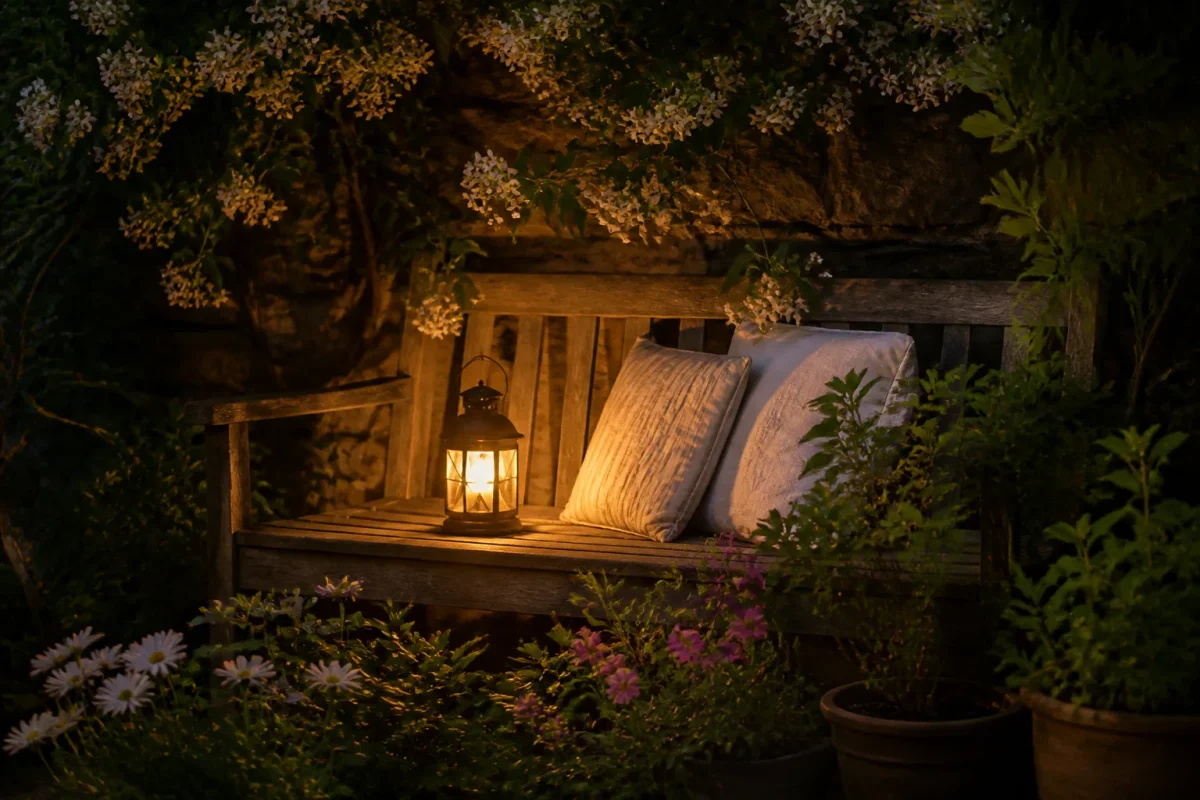 Jardin nocturne avec petite lampe chaude sur banc