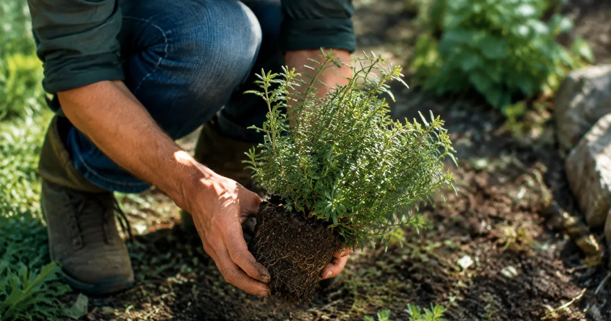 Jardinier accroupi tenant un petit arbuste aromatique vert