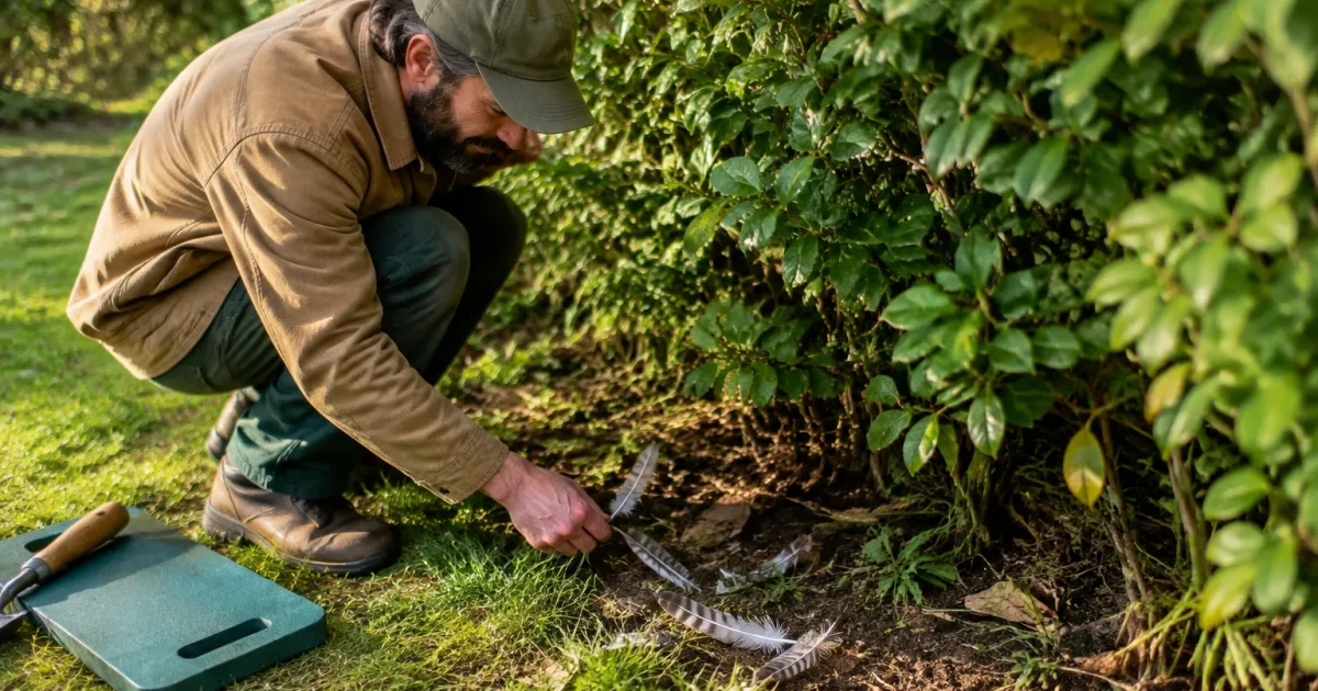 Jardinier accroupi pres de plumes au pied dune haie