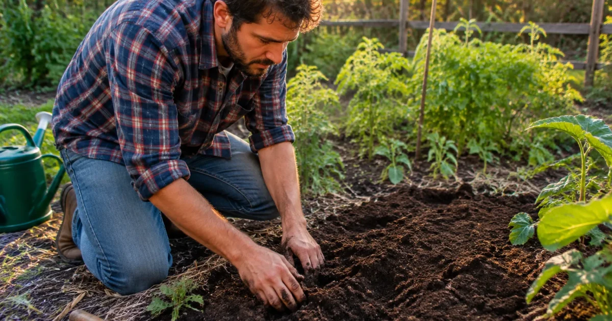 Jardinier agenouille pres dun monticule de terre au potager