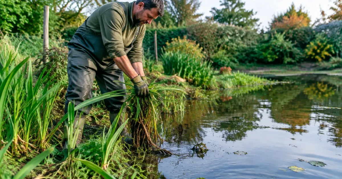 Jardinier debout au bord dune mare arrachant les plantes