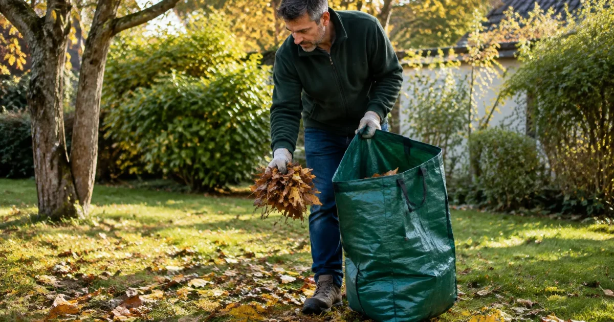 Jardinier debout ramassant feuilles mortes dans sac vert