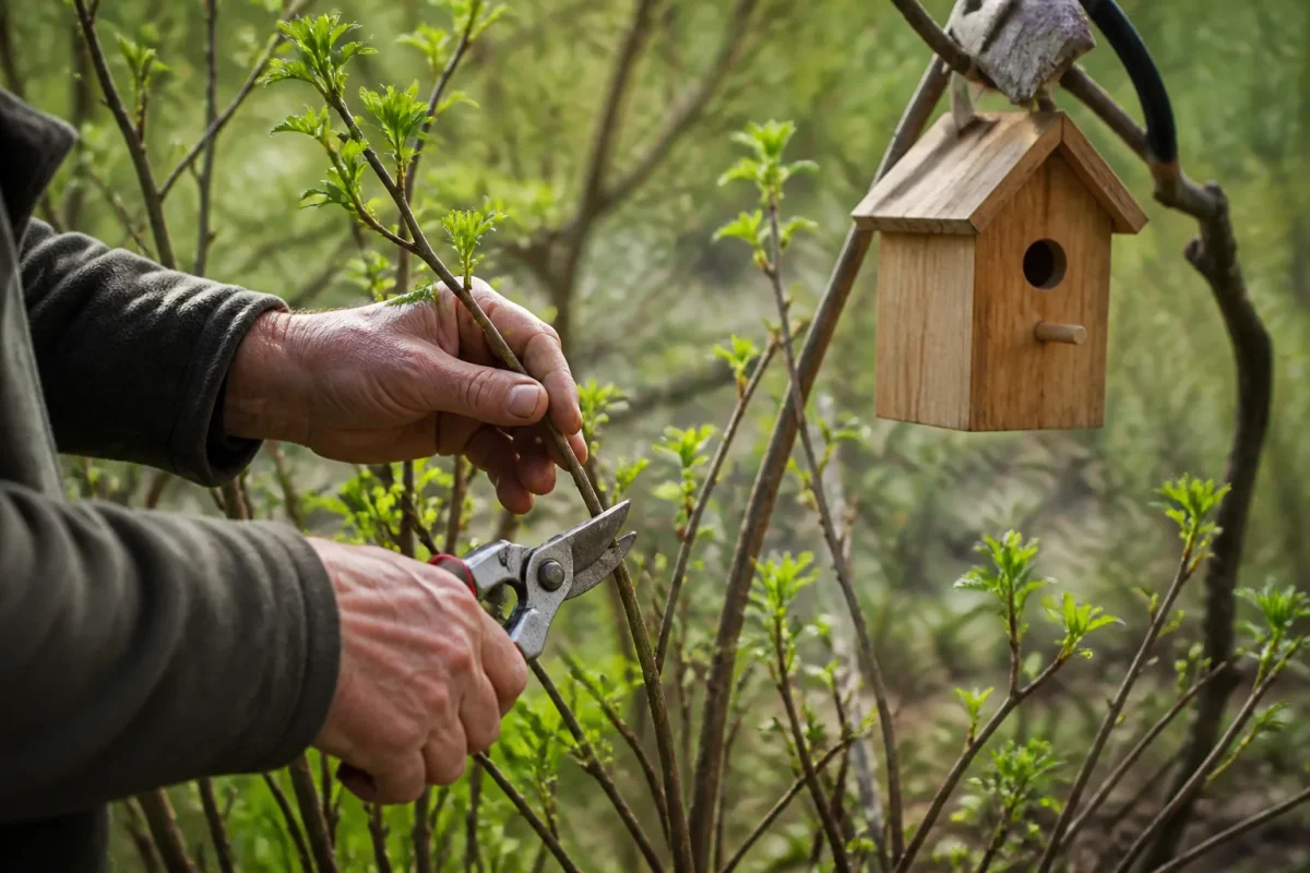 Jardinier taille groseilliers devant nichoir en bois suspendu