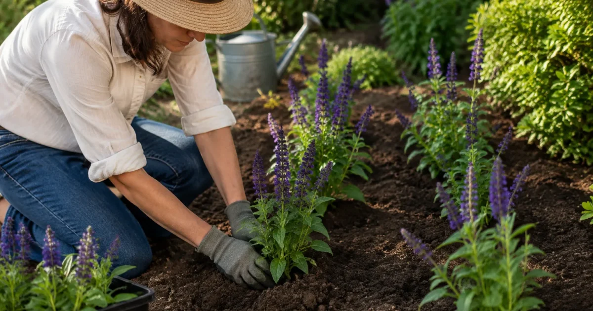 Jardiniere agenouillee plante des sauges violettes en rang