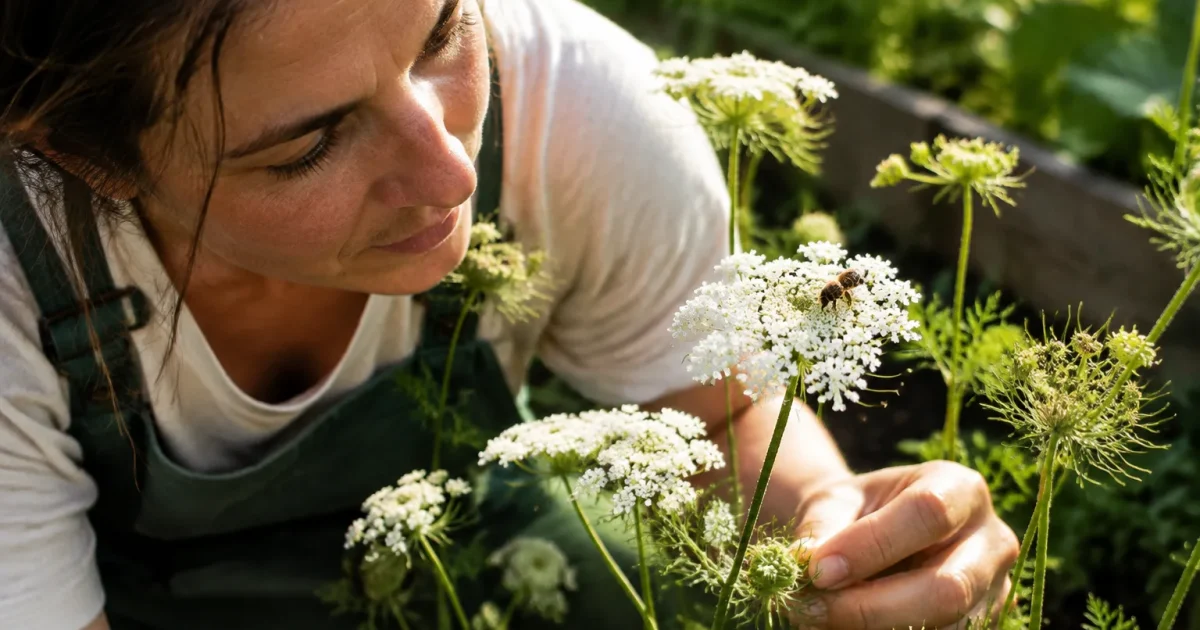 Jardiniere penchee sur fleurs de carottes avec abeille