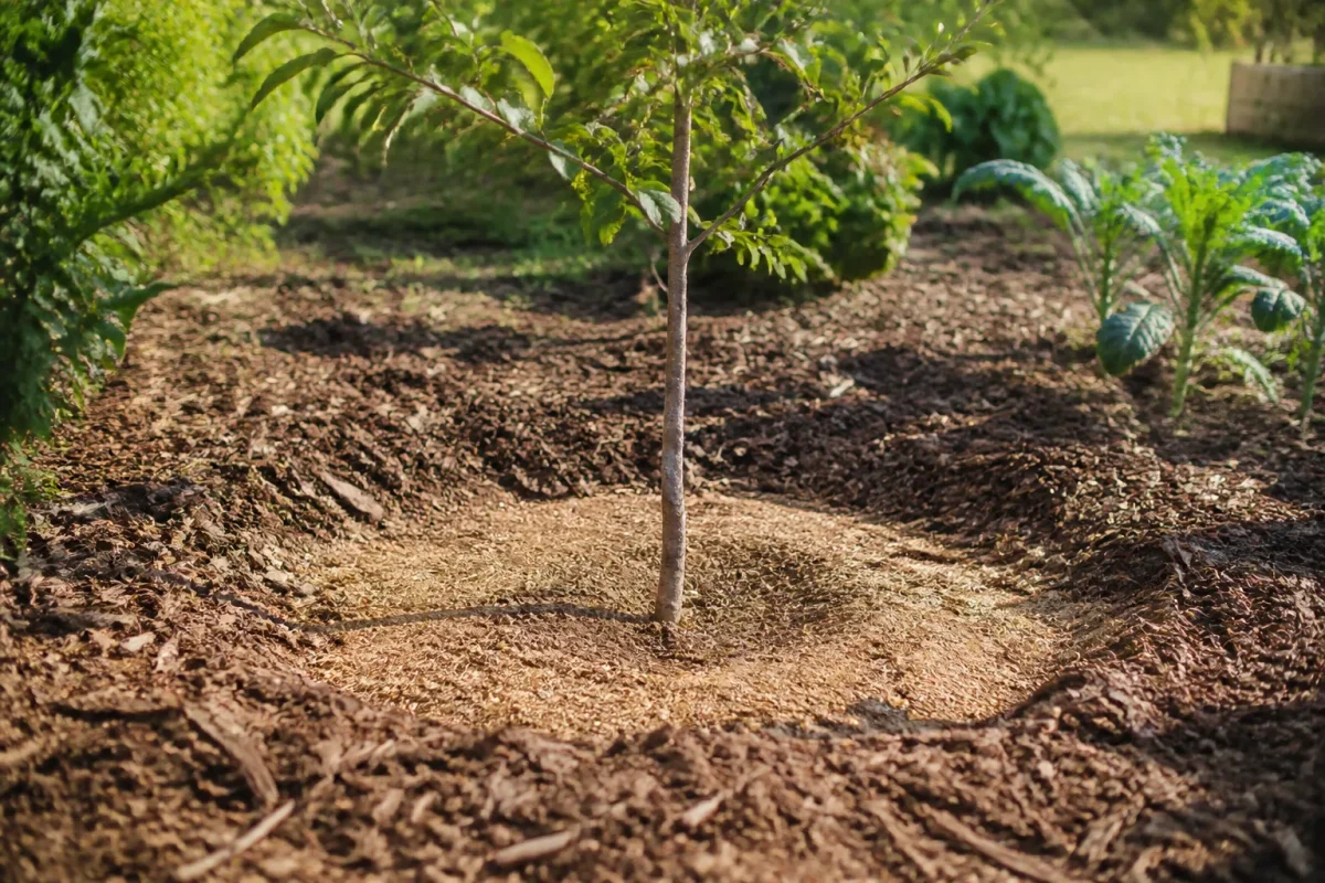 Jeune arbre entouré de broyat brun avec cercle dégagé