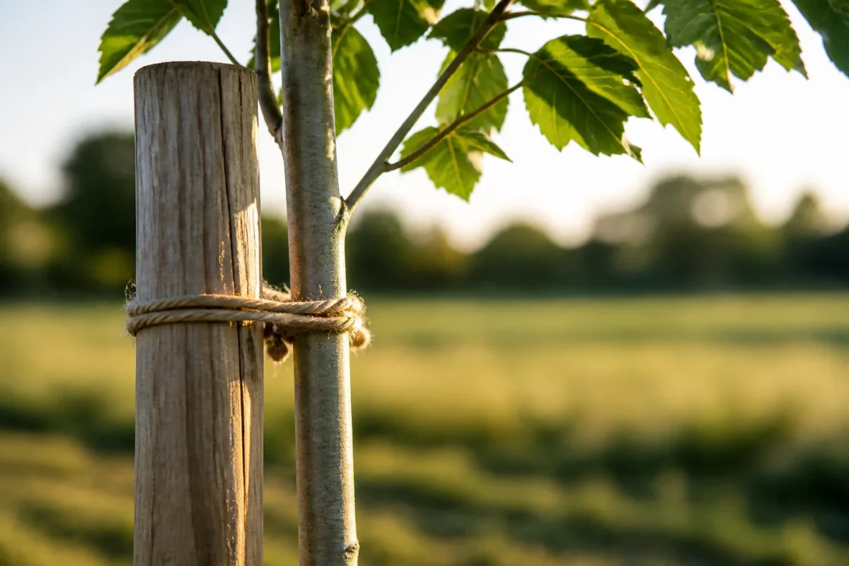 Jeune arbre retenu par un tuteur en bois