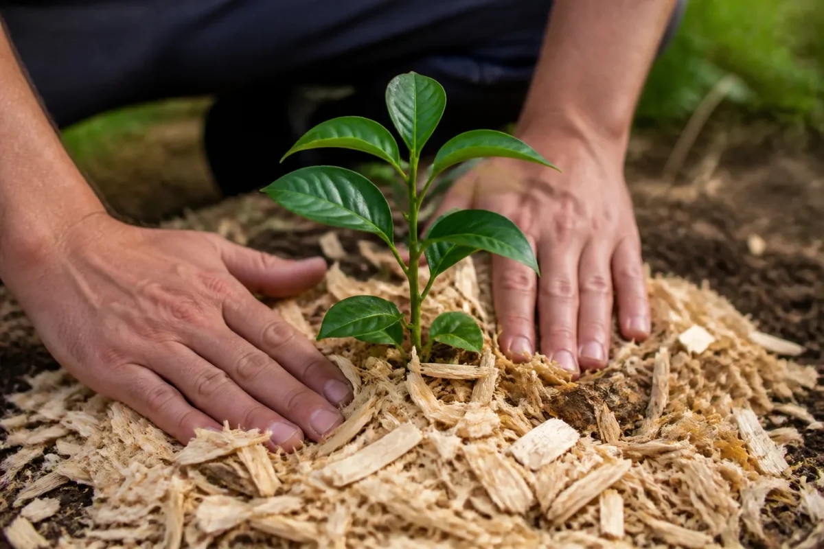 Jeune plant entoure de copeaux de bois clairs