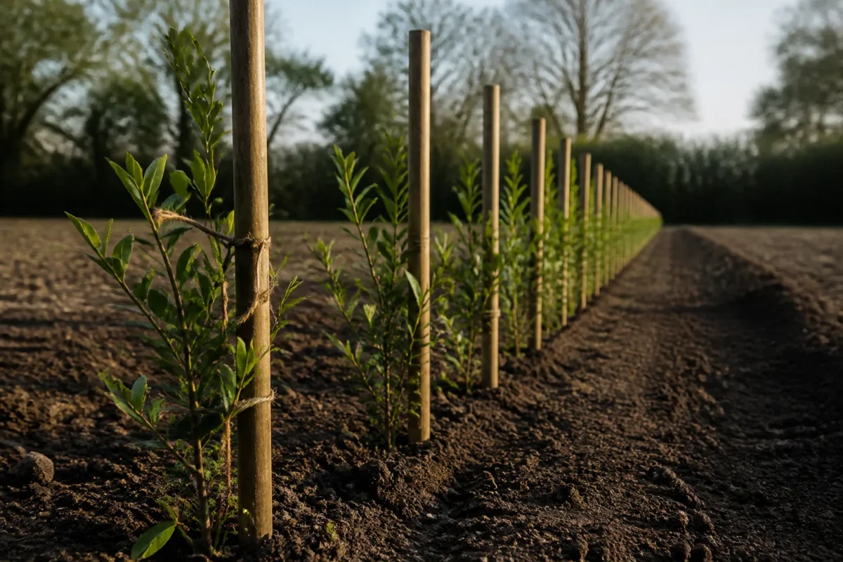 Jeunes plants de haie et tuteurs en bois