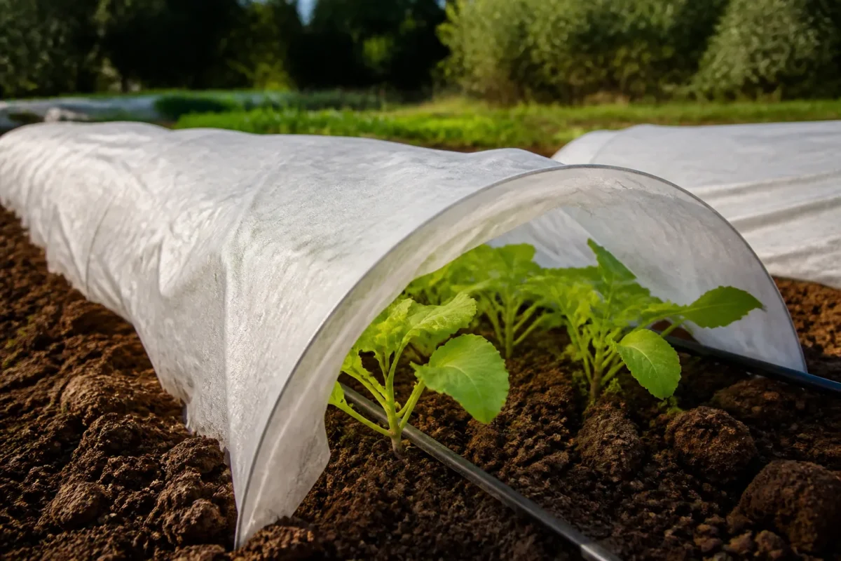Jeunes plants couverts du voile blanc protecteur