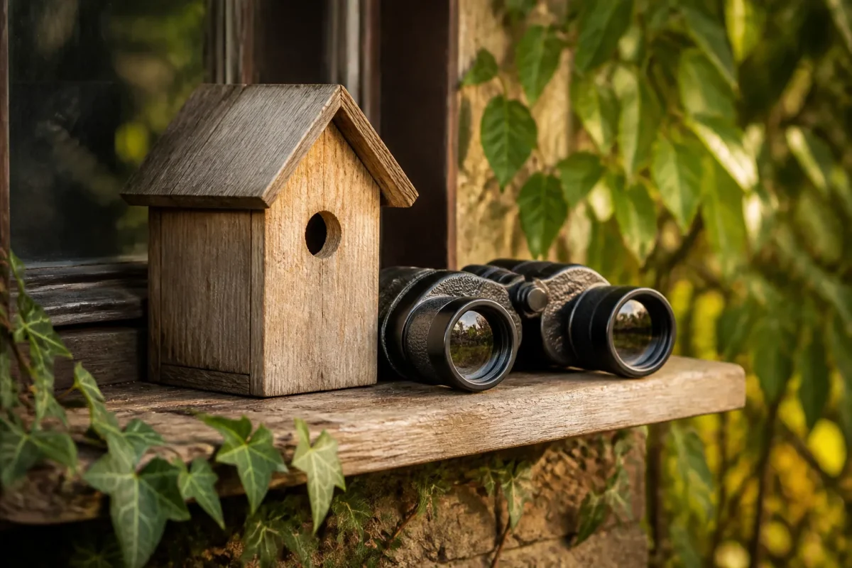 Jumelles posees sur un rebord, nichoir en bois
