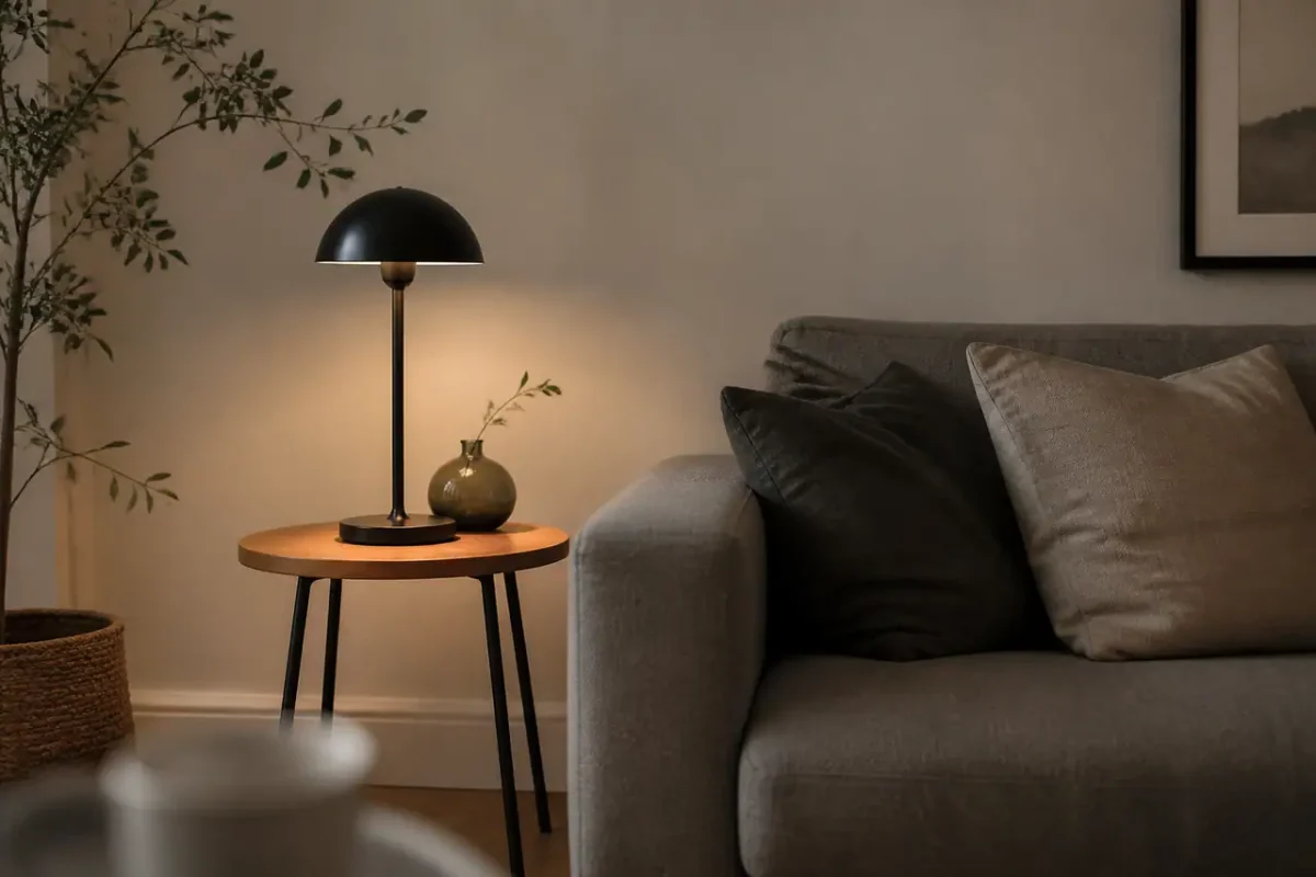 Lampada da tavolo accanto a un divano grigio