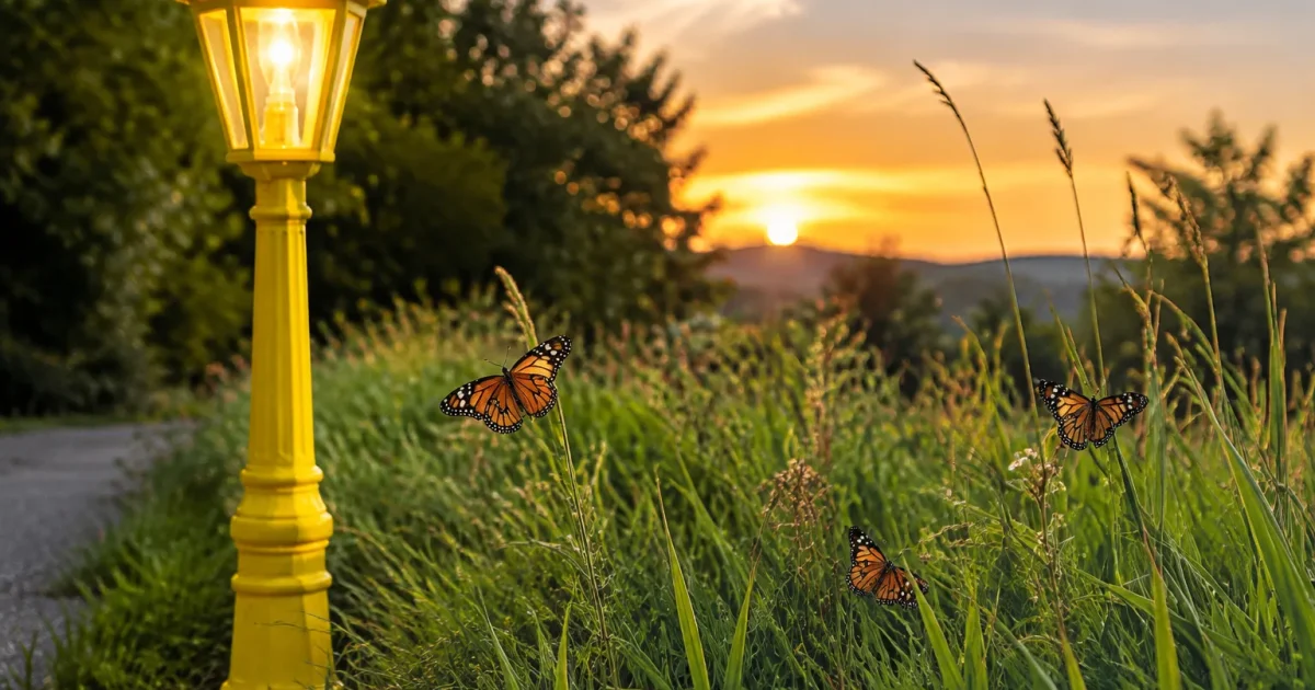 Lampadaire jaune en bordure, papillons poses sur herbe