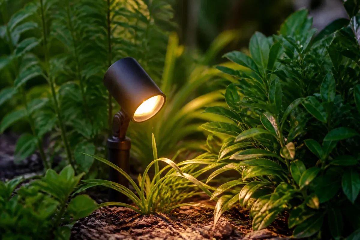 Petite lampe chaude pointee vers le sol au jardin