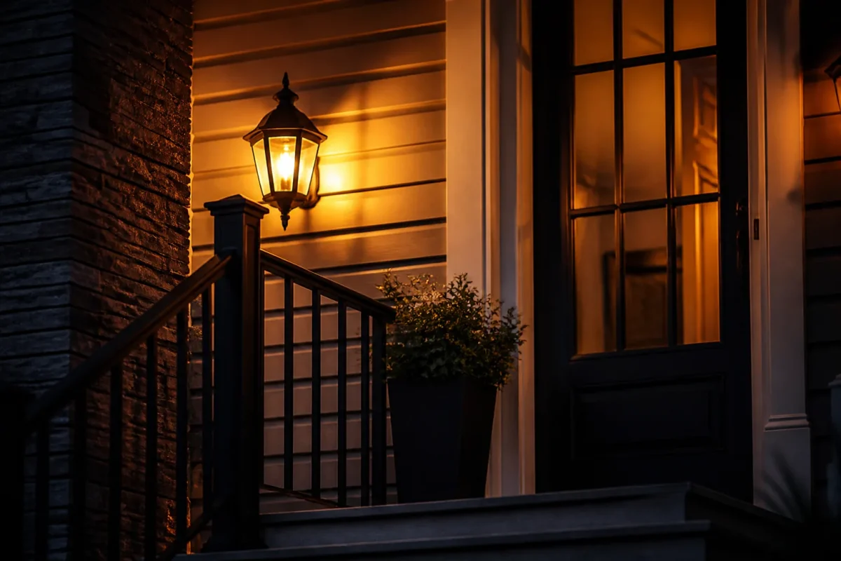 Lampe jaune ambree allumee sur un perron de nuit