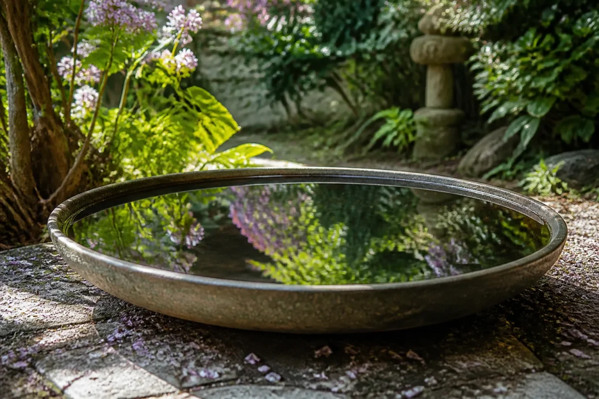Large soucoupe peu profonde remplie d'eau posee dans jardin