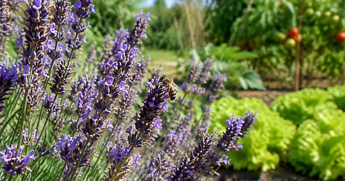 Lavande fleurie pres du potager avec une abeille posee