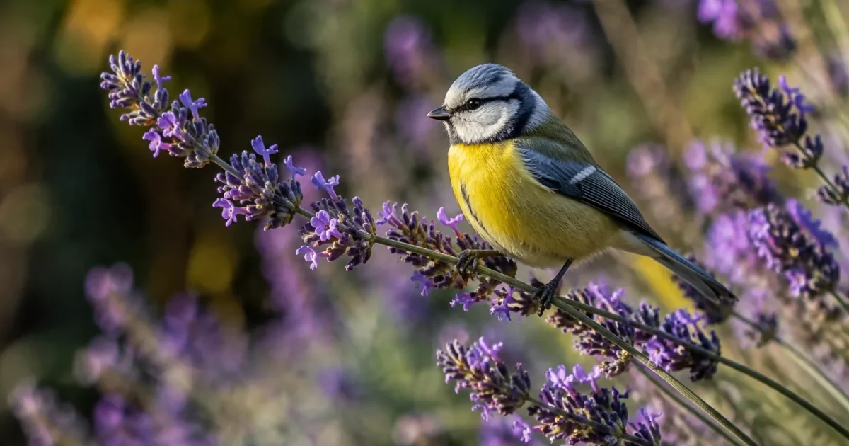 Lavande en fleurs avec mesange posee sur branche