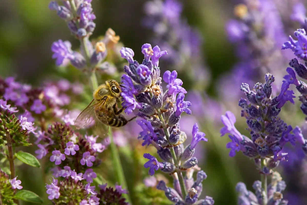 Lavande et thym en fleurs avec une abeille butinant