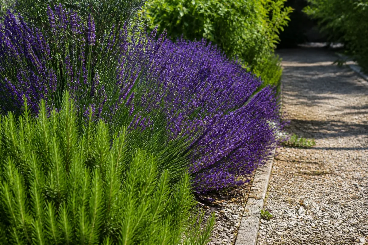 Lavande violette et romarin verts en bordure d allee