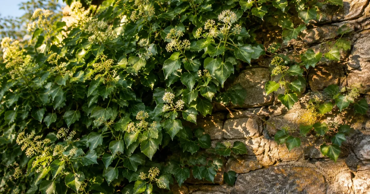 Lierre en fleurs couvrant un mur de pierre