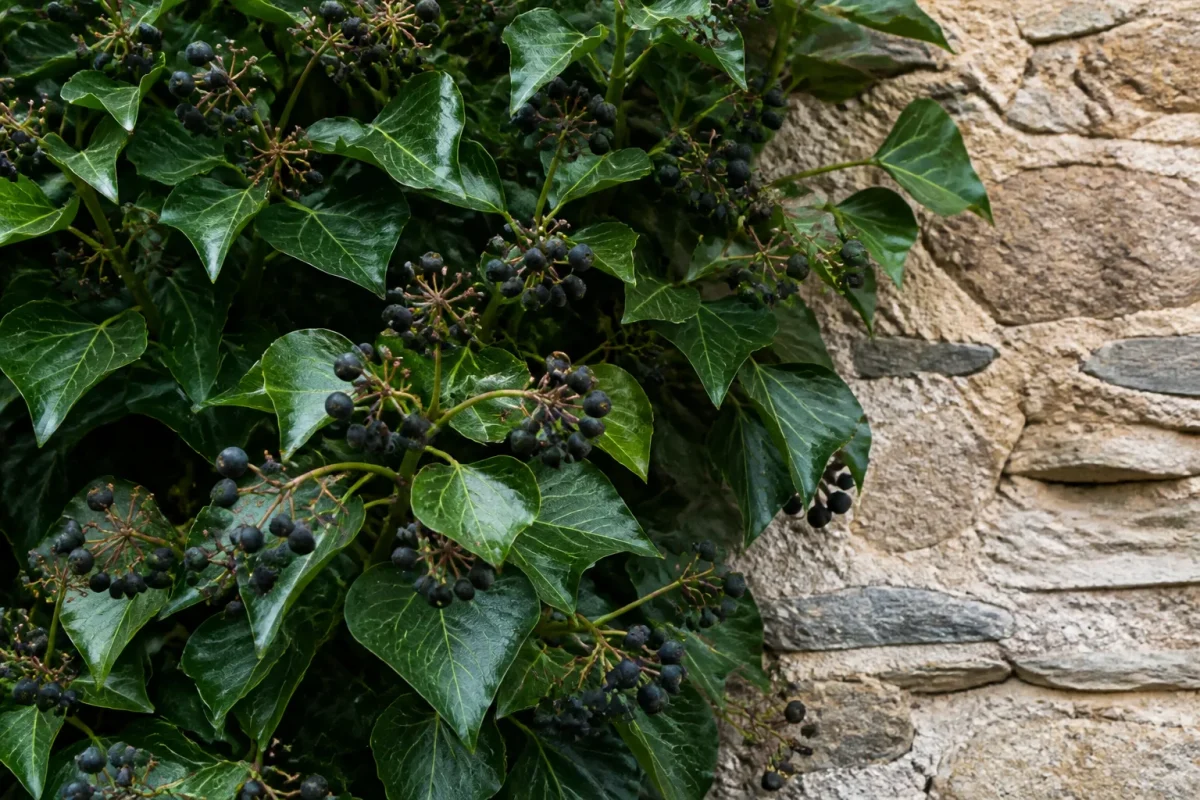 Lierre grimpant sur un mur avec baies noires
