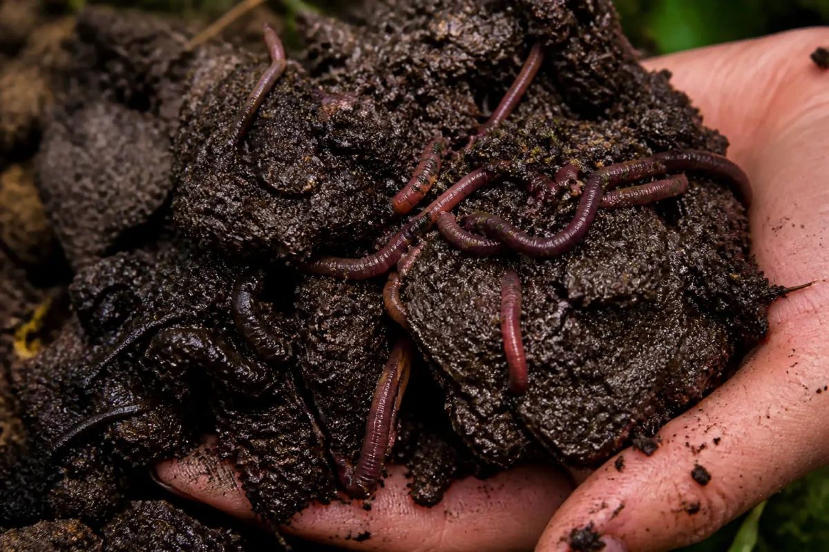 Lombrics rouges dans une motte humide au jardin