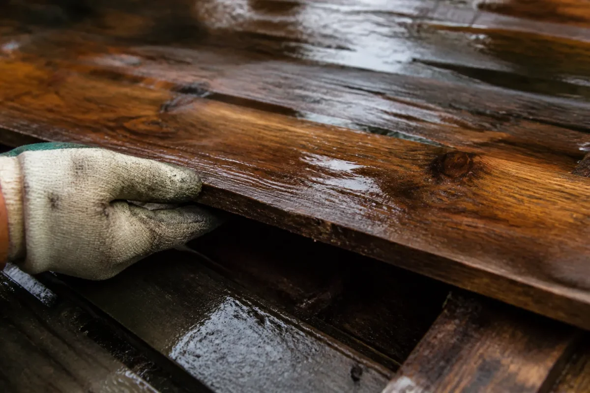 Main gantee soulevant doucement une planche de bois humide