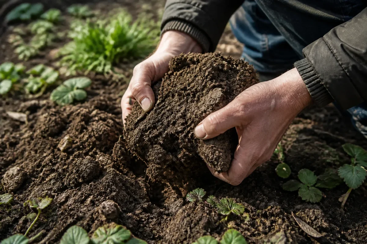 Main ouvrant une motte de terre grumeleuse au jardin