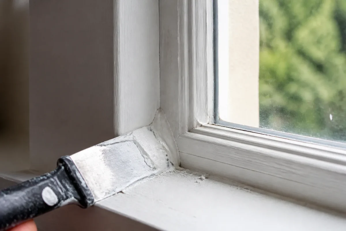 Mains appliquant mastic blanc sur cadre de fenetre