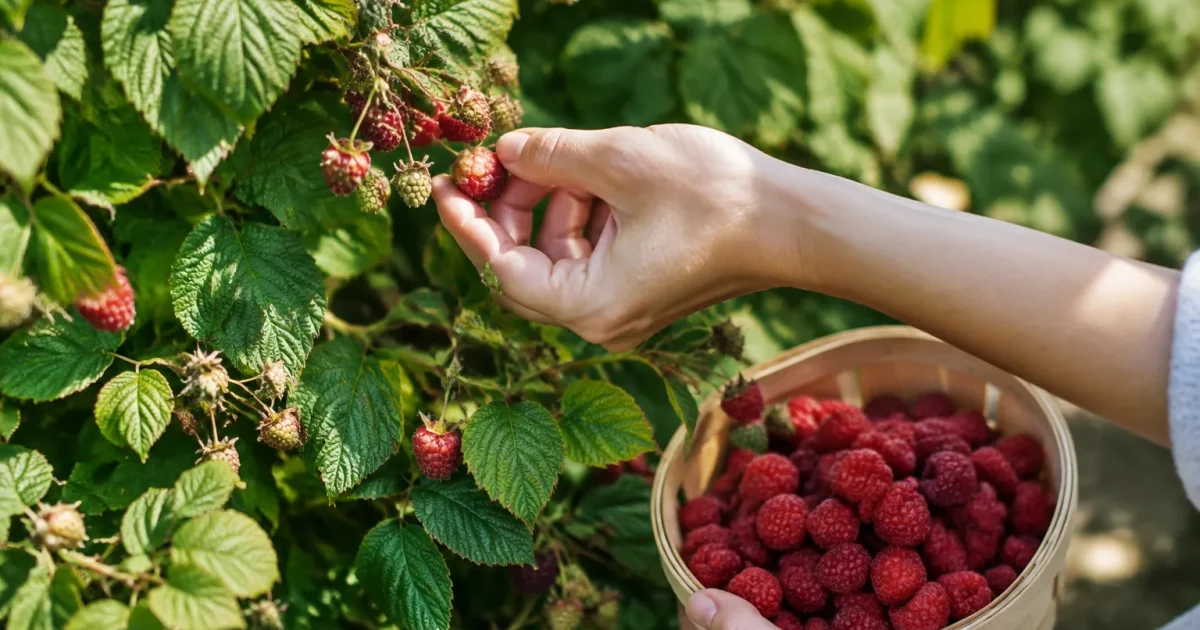 Mains cueillant des framboises dans une haie basse