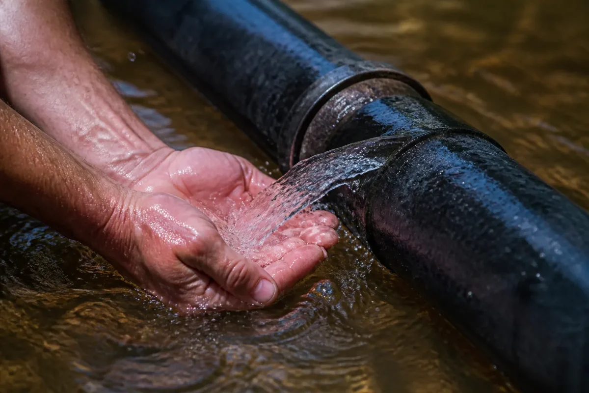 Mains versant eau le long canalisation sombre