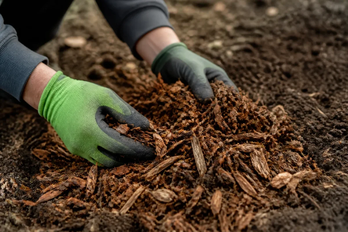 Mains gantees etalant copeaux de bois brun sur terre