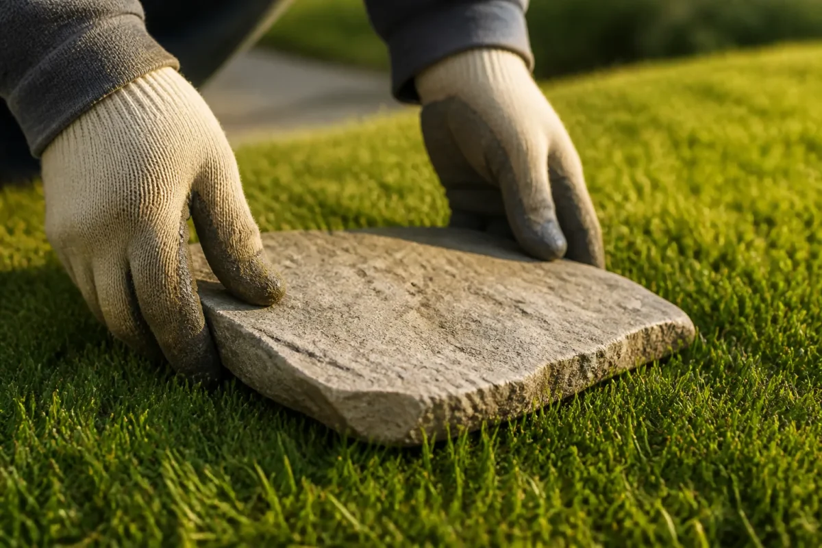 Mains gantees reposant une pierre plate sur herbe