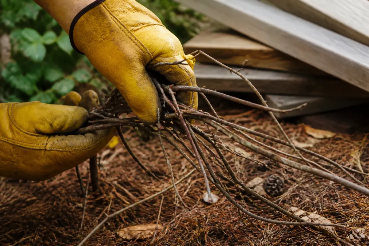 Mains gantees ramassant branches seches pres des planches