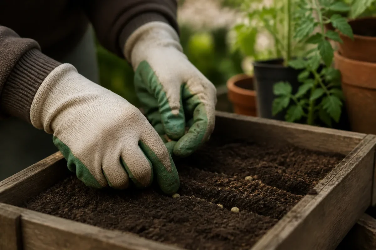 Mains gantees sement des graines dans terre brune