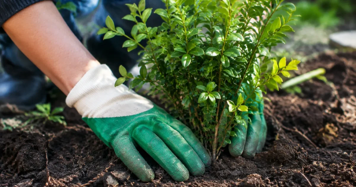 Mains en gants enfoncent un buisson dans la terre
