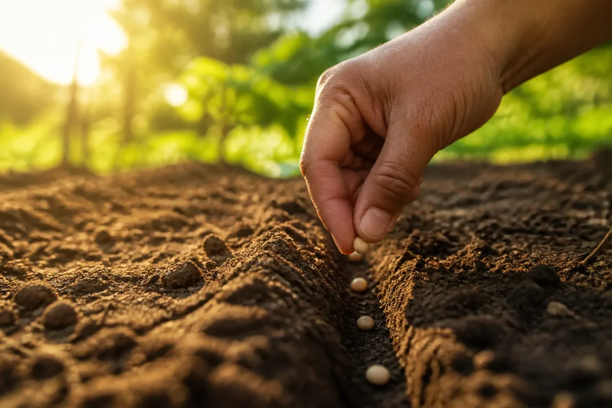 Mains plantant graines dans terre brune ensoleillee
