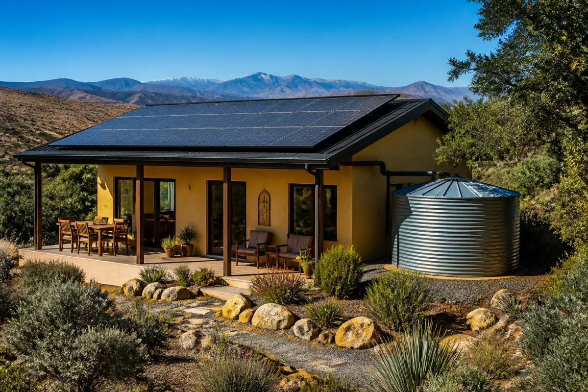 Maison compacte avec reservoir d eau et panneaux solaires