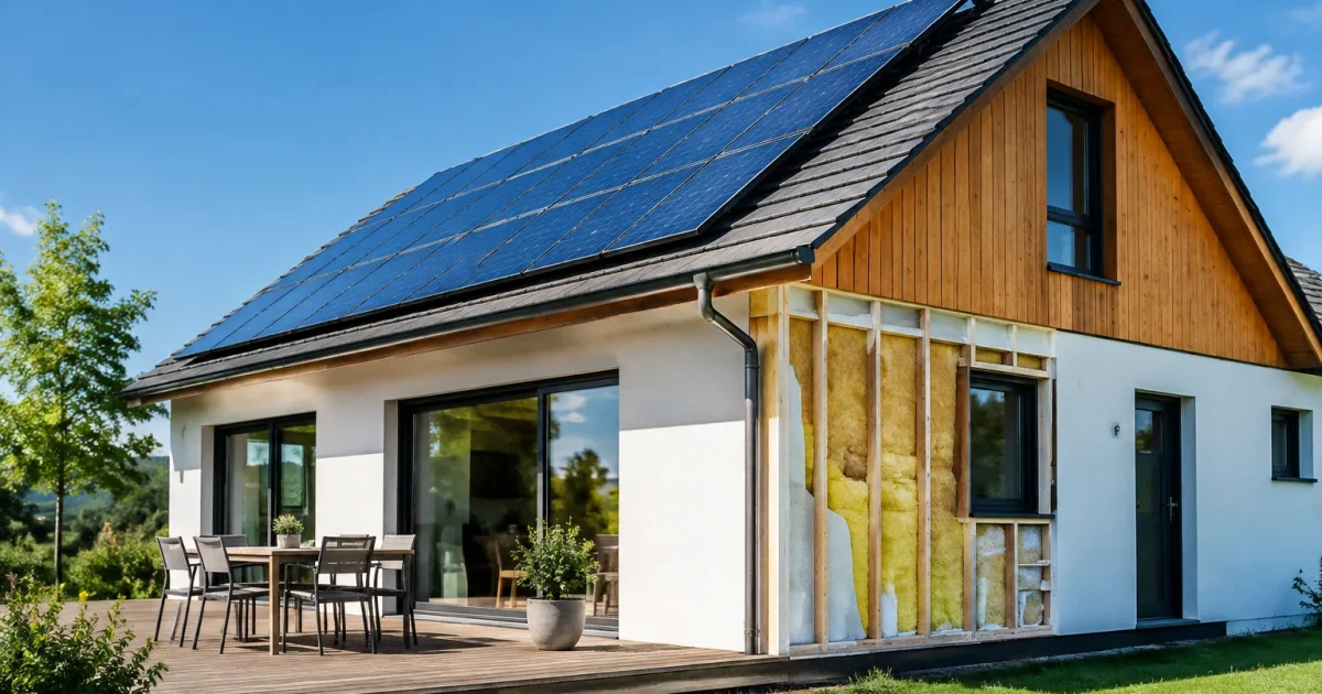 Maison transformee panneaux solaires et isolation thermique visible