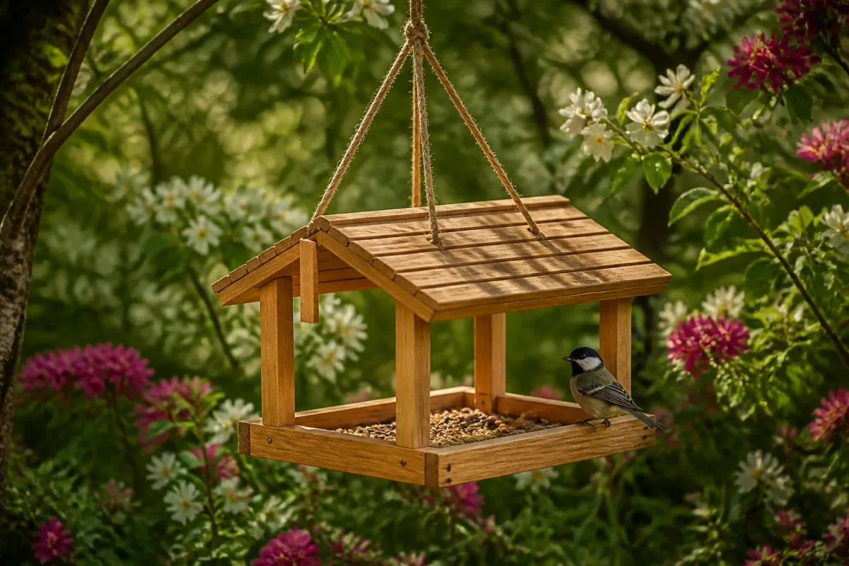 Mangeoire en bois suspendue dans un jardin fleuri