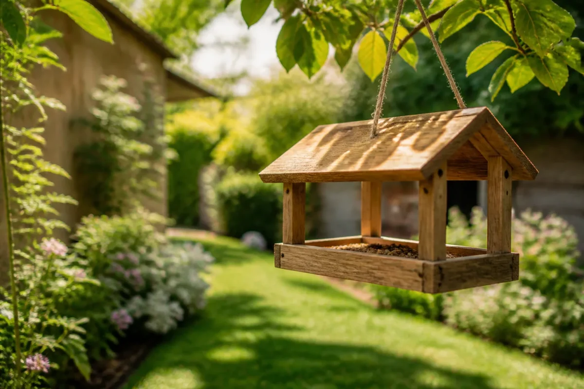 Mangeoire en bois suspendue dans un jardin au soleil
