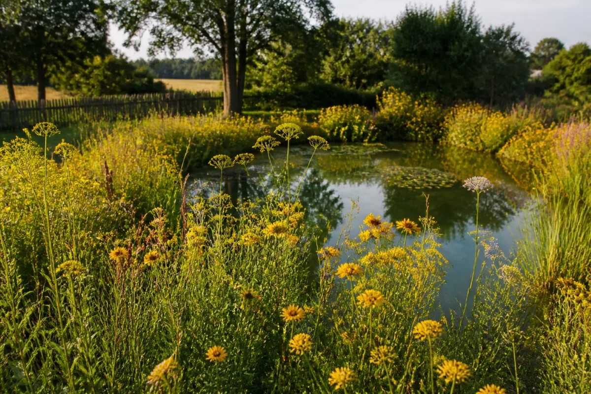 Mare de jardin entouree de fleurs sauvages jaunes